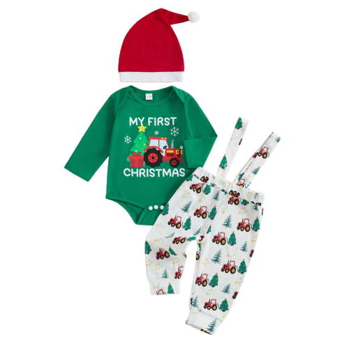 FYDUU Baby Boy Christmas Outfit My First Christmas Long Sleeve Romper Bodysuit Suspender Pants Santa Hat 3Pcs Holiday Clothes Set 3-6 Months