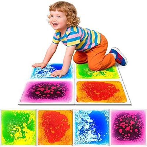 Toddlers Sensory Liquid Floor Tiles - 4 Pack Liquid Tiles for Kids Puzzle Play Mat & Motor Skills Development, Safe Non-Toxic Lava Sensory Mats for Classroom, Home, Daycare Gifts Toddlers with Autism