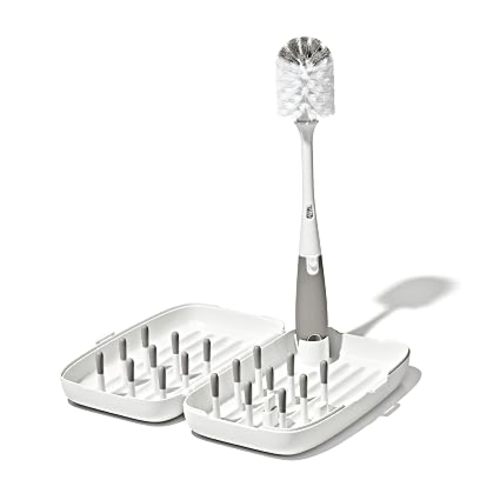 OXO Tot Travel Size Baby Bottle Drying Rack & Bottle Brush, Portable, Gray