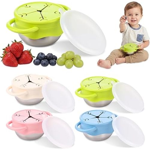 4 Pcs Stainless Steel Snack Cups Spill Proof, 3 in 1 Baby Snack Containers Removable Silicone Food Catcher Travel Lid 13 oz Food Catcher for Baby Toddler Kids, Dishwasher Safe (Macaron Color)