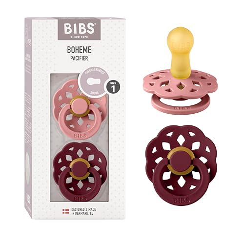 BIBS Pacifiers 0-6 Months | Boheme Collection 2-Pack | BPA-Free Round Nipple | Nautral Rubber Latex | Made in Denmark | Dusty Pink/Elderberry
