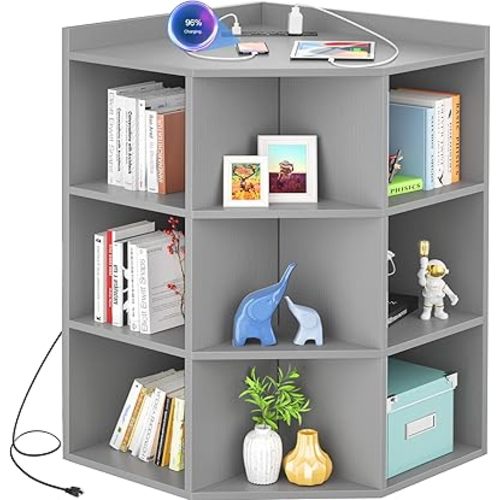 Aheaplus Corner Cabinet, Corner Storage with USB Ports and Outlets, Corners Cube Toy Storage for Small Space, Wooden Corners Cubby Bookshelf with 9 Cubes for Playroom, Bedroom, Living Room, Grey