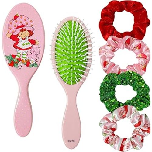 LUV HER Strawberry Shortcake Hair Accessory Set – 5 Pieces: 1 Detangling 9-inch Hairbrush & 4 Scrunchies, Elastic Hair Ties, Ages 3+