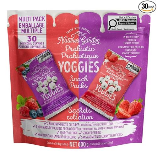 Nature's Garden Probiotic Yoggies Multi Pack, 21oz (Strawberry 15x0.7 oz + Mixed Berry 15x0.7 oz) Yogurt Covered Healthy Snack, High Fiber, Real Fruit Pieces, No Artificial Ingredients, for Adults