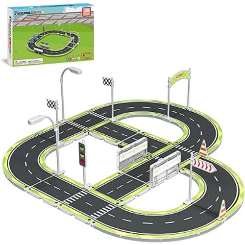 PicassoTiles Magnet Tile Building Block Construction Toy Set Street Sign Traffic Kit Highway Road Race Track with Bumper Barricade Accessory Sticker Education Magnetic Tiles Kids Age 3+ PTR03