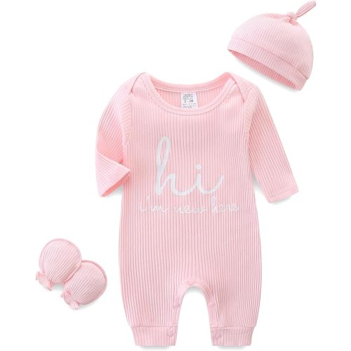 Babymine Newborn Unisex Baby Clothes 0-3 Months,Long Sleeve Onesie Infant Coming Home Outfits Romper with Mittens & Hat