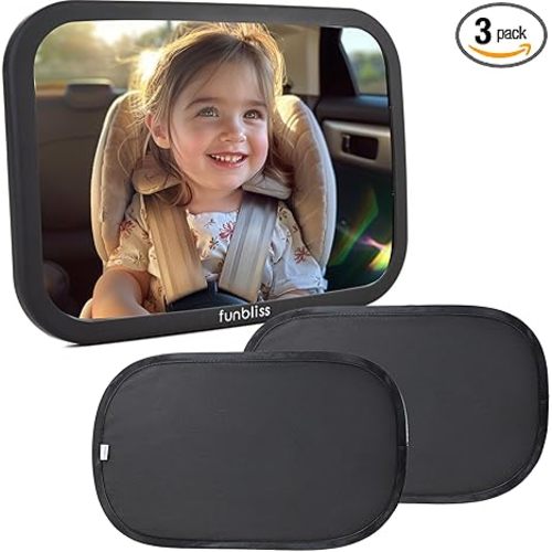 Funbliss Bar Mirror for Baby + 2 Pack Car Window Shades Bundle (19″ × 12″), UPF 50+ Window Shade for Baby in Car, 360° Rotation Fully-Adjustable Straps
