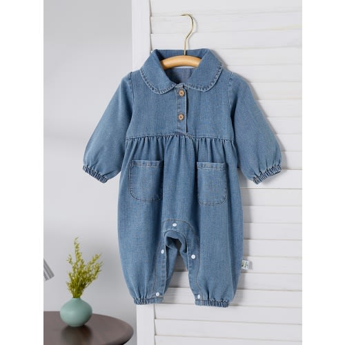 1-2T Spring Unisex Baby Denim Romper with a Doll Collar And Pockets, Perfect for Casual Wear, for Outdoor