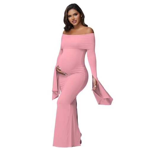 Women's Maternity Long Flared Sleeve Off Shoulder Baby Shower Dress | Soft,Stretchy Fabric,Elegant Fitted Style,Split Sleeves Hem,Pregnancy Maxi Photography Dress,Party Long Gown for Photoshoot