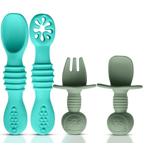HippoBaby 4pc Silicone Self feeding baby utensils 6-12 months, 3 baby spoon, 1 baby fork, Toddler Utensils, Baby eating essentials (Blue/Green)