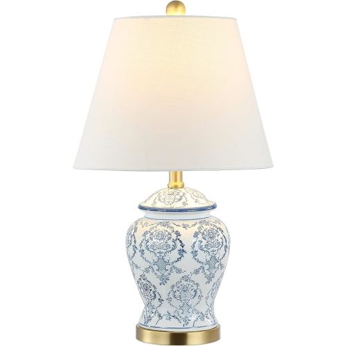 JONATHAN Y 22.25" Blue/White Chinoiserie Ceramic Urn Table Lamp, Traditional Classic Nightstand Lamp for Living Room Bedroom, White Linen Shade, LED Bulb Included JYL3085A