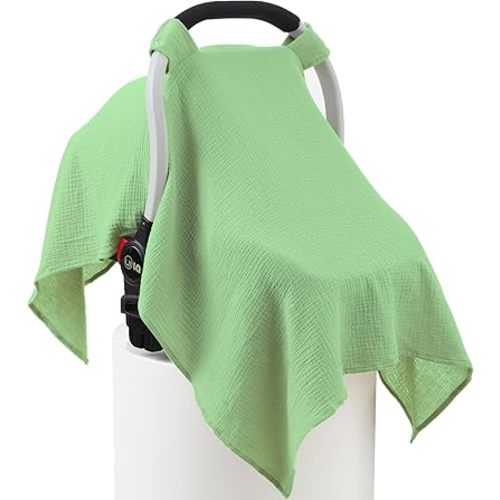 100% Muslin Cotton Car Seat Cover Baby, Carseat Canopy Cover, Universal Fit Stroller Covers for Boys and Girls (City Green)
