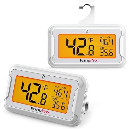 TempPro Refrigerator Thermometer 2 Pack with Large Backlit LCD Display, Waterproof Freezer Fridge Thermometer with Max/Min Record, Easy Battery Replacement for Room, Cooler (Previously ThermoPro)