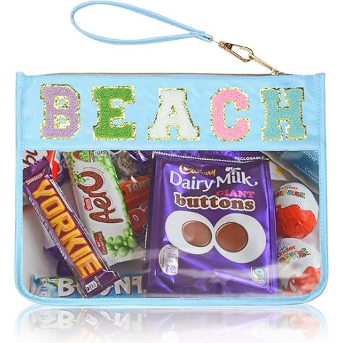 Chenille Letter Clear Zipper Pouch for Travel Preppy Patch Makeup Bag-Nylon Cosmetic Preppy Makeup Waterproof Organizer Bag Set for Women Valentines Bag (BL-BEACH)