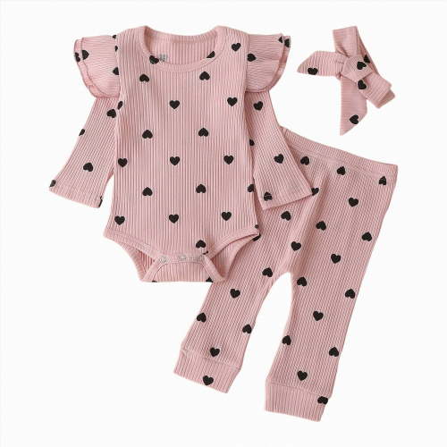 CAICJ98 Baby Girl Clothes Newborn Fall Winter Outfits Cute Ruffle Long Sleeve Romper Bodysuit Bow Pants Set with Headband (Pink,0-3 Months)