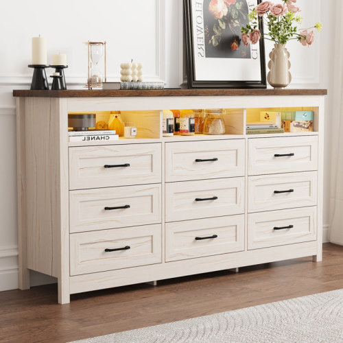 Wrought Studio™ Karlea 63" Farmhouse 9 Drawer Dresser,Long Dresser TV Stand With LED Lights & Charging Station,Chest Of Drawers & Reviews | Wayfair