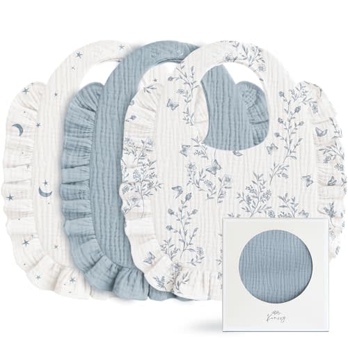 Konssy Muslin Baby Bibs for Girls – Soft 100% Cotton Drool Bibs, Ruffle Trim for Newborns & Toddlers 0-36 Months 3-Pack