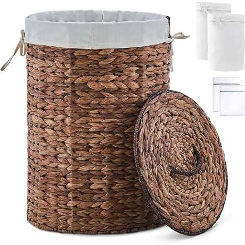 Amazon.com: Round Water Hyacinth Laundry Hamper with Lid Handwoven Wicker Basket with Handles for Dirty Clothes, Storage, and Organization Ideal for Bedroom, Bathroom, and Laundry Room, No Assembly Required, 60L