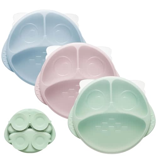 bc babycare Silicone Toddler Plates with Lids, Baby Plates with Suction Base, Microwave & Dishwasher Safe, BPA-Free Divided Plates for Kids 3 Pack Pink & Green & Blue