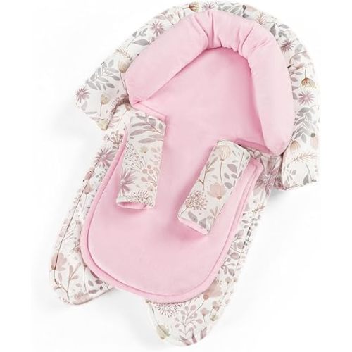 Infant Car Seat Insert for Newborn Girls Boys, Upgraded 2-in-1 Baby Carseat Head Support, Soft Reversible Baby Car Seat Insert Cushion Pad for Car Seat, Stroller, Bouncer, Swing, Pink Floral