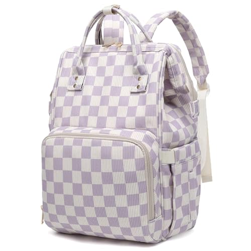Baby Diaper Bag Backpack for Mom, Large Capacity Travel Nappy Bag for Boys & Girls with Stroller Straps (Corduroy Checkered Purple)