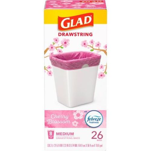 Glad DrawString Trash Bags - Cherry Blossom - 8gal - 26ct: Tear-Resistant, Odor Control