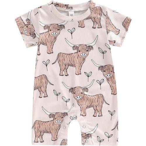 Gueuusu Country Baby Clothes Boy Girl Western Cow Print Short Sleeve Romper Bodysuit Ribbed One Piece Jumpsuit Summer Outfit