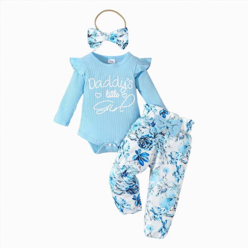 CAICJ98 Baby Girl Clothes Set Daddys Little Girl Ruffle Romper Top Floral Pants Newborn Infant Baby Girl Fall Spring Outfit (Sky Blue,0-3 Months)