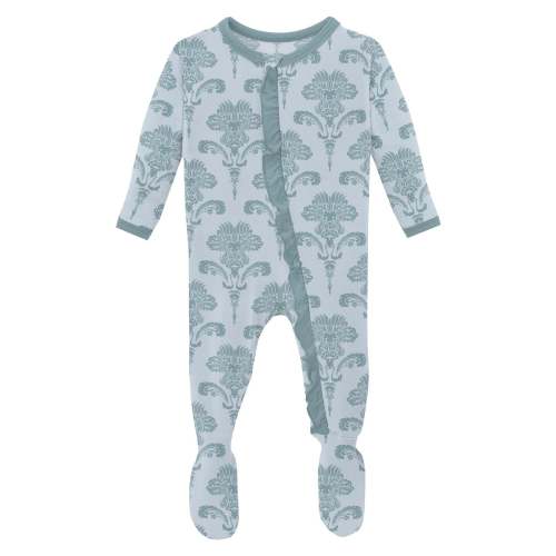 Print Layette Ruffle Footie with 2 Way Zipper in Illusion Blue Damask