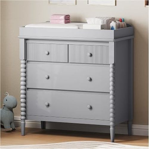 JOINICE Grey Nursery Dresser with Changing Table, 4 Drawers for Storage