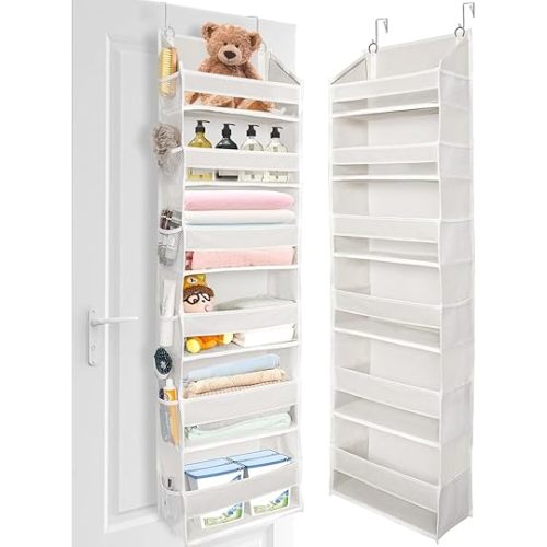 XATUS Over The Door Organizer, 6-Shelf Closet Hanging Storage with 13 Mesh Pockets, 55lbs Capacity Behind The Door Storage for Baby Nursery, Bathroom, Bedroom, and Dorm, Beige