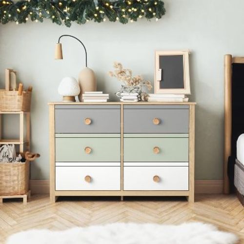 Galano Kids 6-Drawer Dresser with Multi-Tone Fronts in White 46.1" W x 15.8" D x 31.3" H