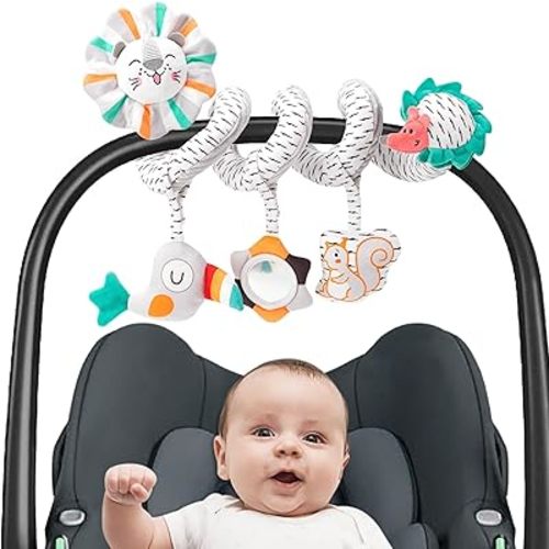 Spiral Car Seat & Stroller Activity Toy - Baby Carseat Toys Hanging Infants Plush Toys for Ages 0 Months and Up - Hanging Toys Include BB Squeaker, Crinkle Toys, Mirror and Textured Ribbons (Lion)