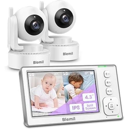 Blemil Baby Monitor with 2 Cameras and Audio, 4.3'' IPS Split-Screen Monitor with 29-Hour Battery, 1000ft Range Pan-Tilt-Zoom Video Baby Monitor No WiFi, 2X Zoom
