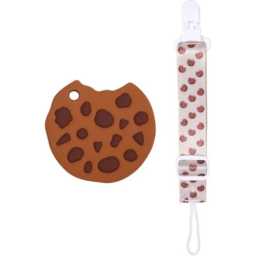 Baby Food Grade Silicone Teether with Adjustable Pacifier Clip Holder,Essentials Teething Toys,Highly Effective Pain Relief for 3 Months+ Boy and Girl,BPA Free,Freezer Safe (Cookie)
