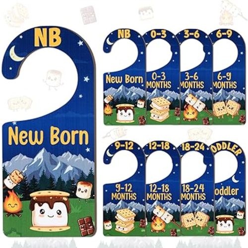 Baby Closet Dividers 8PCS, S’More Themed Wooden Double-Sided Clothes Size Hanger/Organizer from Newborn to Toddler for Nursery Decor Baby Shower Birthday Gender Reveal Party Gift