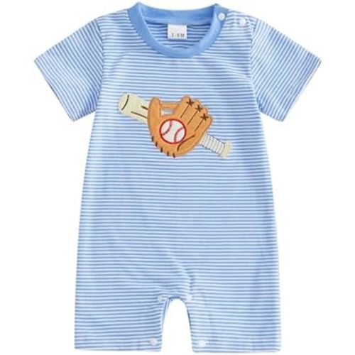 Baby Boy Baseball Clothes Striped Baseball-themed Patch Embroidered Crew Neck Short Sleeve Jumpsuit Summer Romper