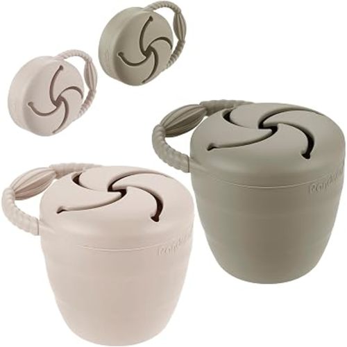 PandaEar Silicone Snack Containers, Collapsible Toddler Snack Cups Spill Proof Food Catcher for Toddler Baby, Pack of 2 (Light Tan/Walnut)