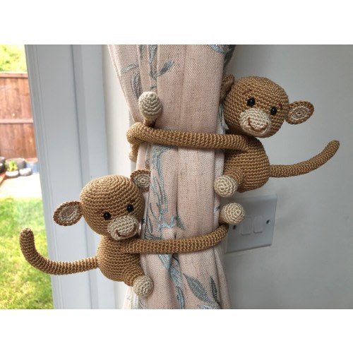 Pair of Crochet Monkey Curtain Tie Backs, Curtain Tie Backs, Crochet Curtain Tie Back, Nursery Curtain Tie Backs