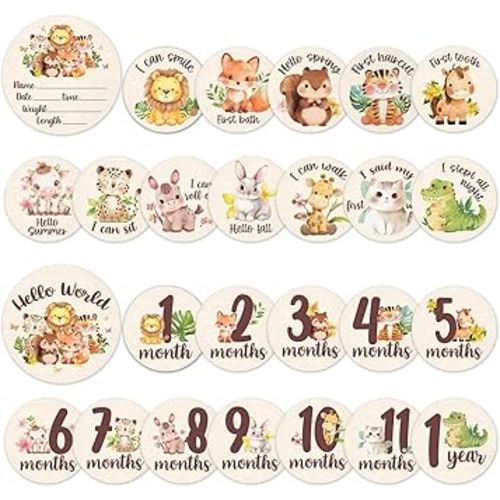 Baby Monthly Milestone Cards Sign - 13 Double Sided Little Animals Milestone Cards, Fox Pattern Wooden Circles Discs for Photo Props Cat Newborn Announcement Marker, Baby Shower Newborn Sign Gift Set