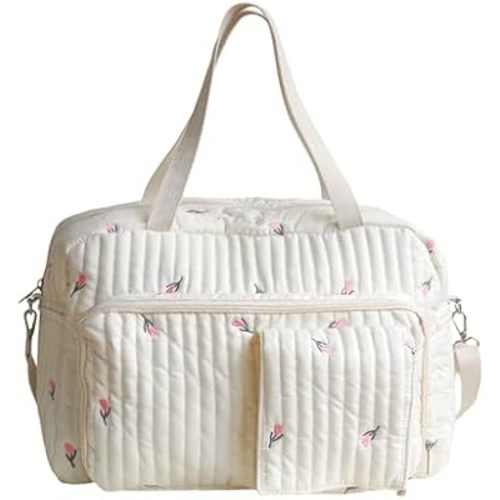 Large Diaper Bag Tote, Ins Style Flower Diaper Bag with Partition for Hospital Maternity, Cute Canvas Reusable Quilted Handbag for Travel, Camping