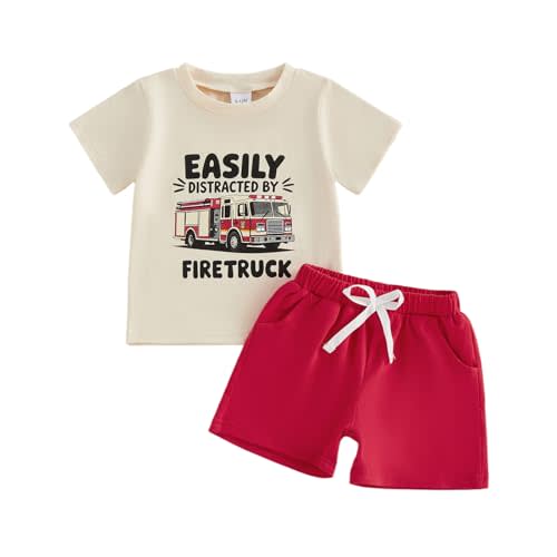 Toddler Baby Boy Fire Truck Shirt Set Summer Firefighter Outfit | Firetruck Short Sleeve T-Shirt and Shorts, Fireman Summer Clothes