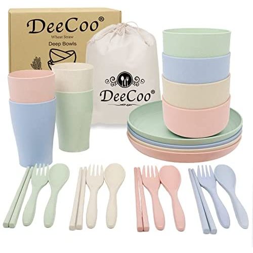 DeeCoo Wheat Straw Dinnerware Sets of 4 (24pcs), Unbreakable and Lightweight Serving Bowls, Cups, Plates, Chopsticks, Forks, Spoons Set, Microwave & Dishwasher Safe Dish Bowl for Kids or Picnics