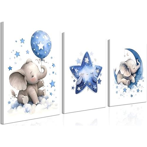Baby Boy Nursery Canvas Wall Art Set of 3, Blue Elephant Moon and Stars Picture Wall Decor Painting, Cute Animal Baby Girl Nursery Posters Prints for Kids Room Bedroom 12x16 In Framed