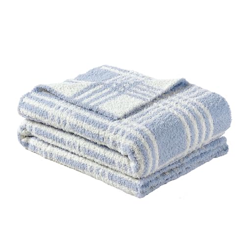 CREVENT 30"X40" Cozy Soft Warm Chenille Baby Blanket for Girls Boys, Newborn Essentials for Infant, Baby Shower Receiving Gift - Line Checked Blue 75X100cm