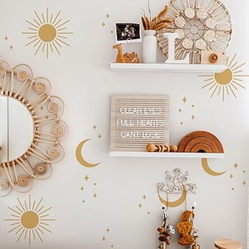 funlife Peel and Stick Boho Sun Wall Decals Sunrise, Self Adhesive Sunshine Wall Stickers Rustic Country, PVC Boho Moon Wall Art Stickers for Kids Bedroom Playroom Nursery Room Home Decor Decal