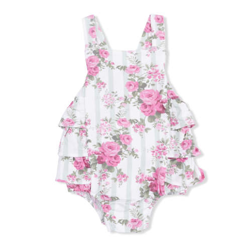 Ruffle Sunsuit, Cabbage Rose Stripe