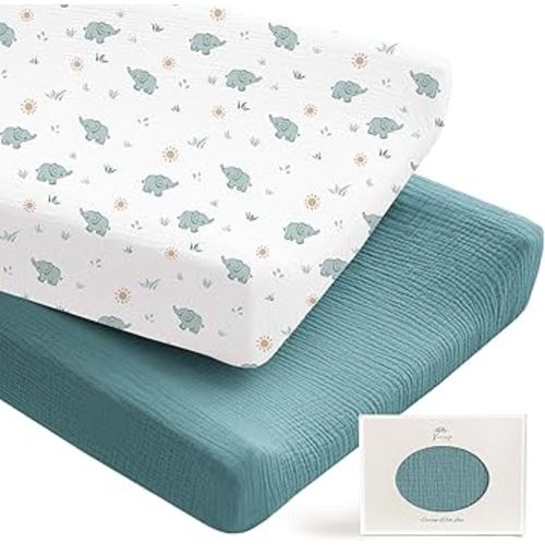 Konssy 2 Pack Muslin Changing Pad Covers for Boys, Ultra Soft & Breathable Cotton Baby Diaper Changing Table Covers, Neutral Nursery Diaper Changing Pad Sheets (Elephant,Teal)
