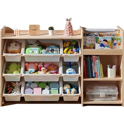 3-in-1 Montessori largeToyStorageBox withKidsBookshelf &ScrollPaper Holder