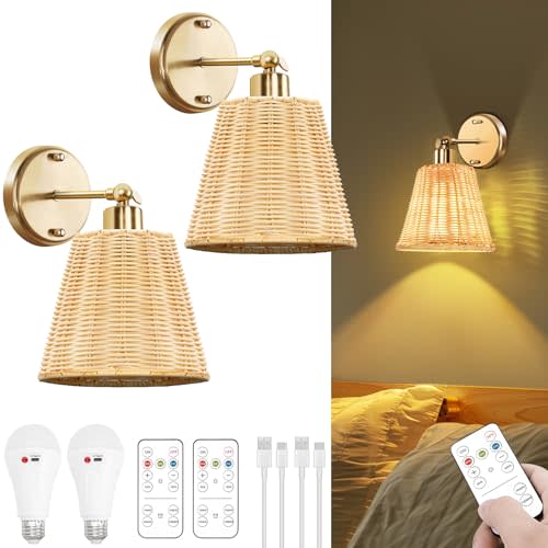 Frideko Rattan Rechargeable Battery Operated Wall Sconces Set of Two with Remote, 3 Colors Dimmable Wireless Wall Light, 5200mAh Indoor Wall Lamp with 4 Timer, Boho Sconces Wall Lighting for Bedroom
